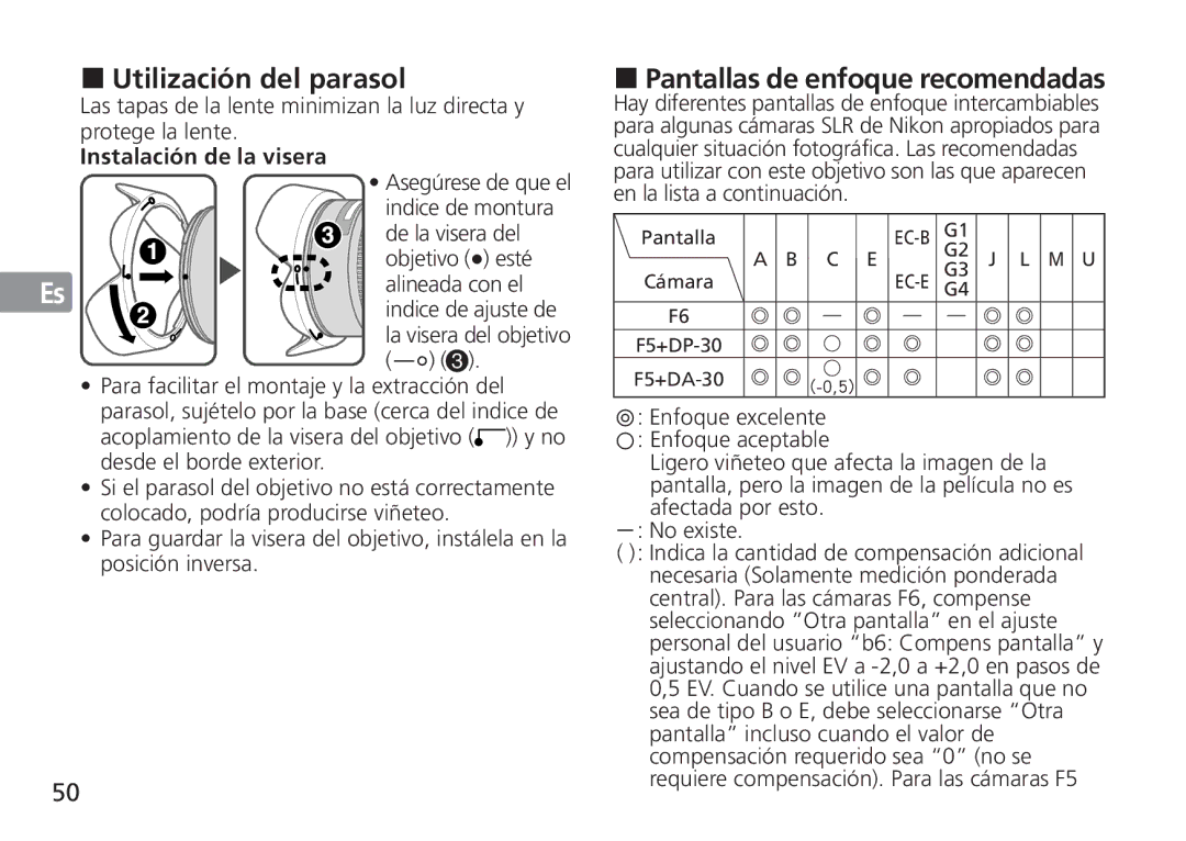 Nikon AF-S manual Utilización del parasol, Pantallas de enfoque recomendadas, Instalación de la visera 