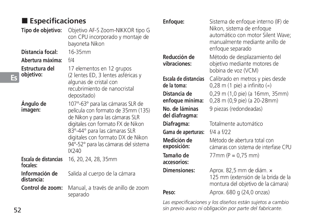 Nikon AF-S manual Especificaciones 