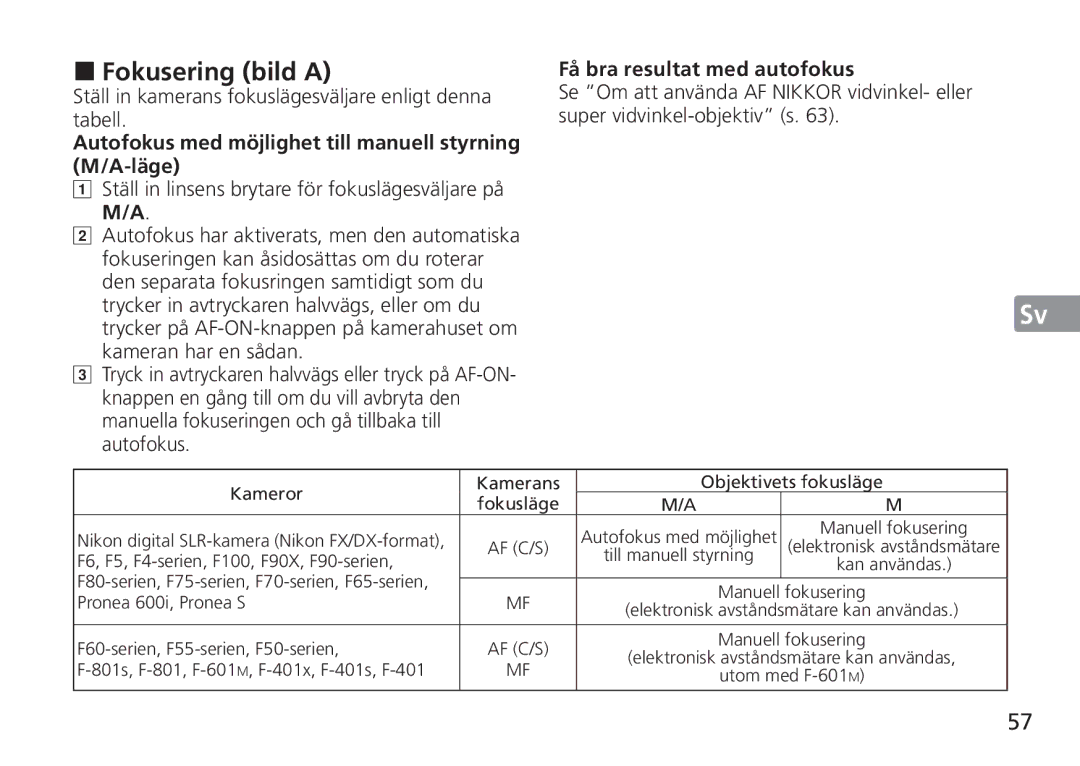 Nikon AF-S manual Fokusering bild a, Ställ in kamerans fokuslägesväljare enligt denna tabell, Få bra resultat med autofokus 