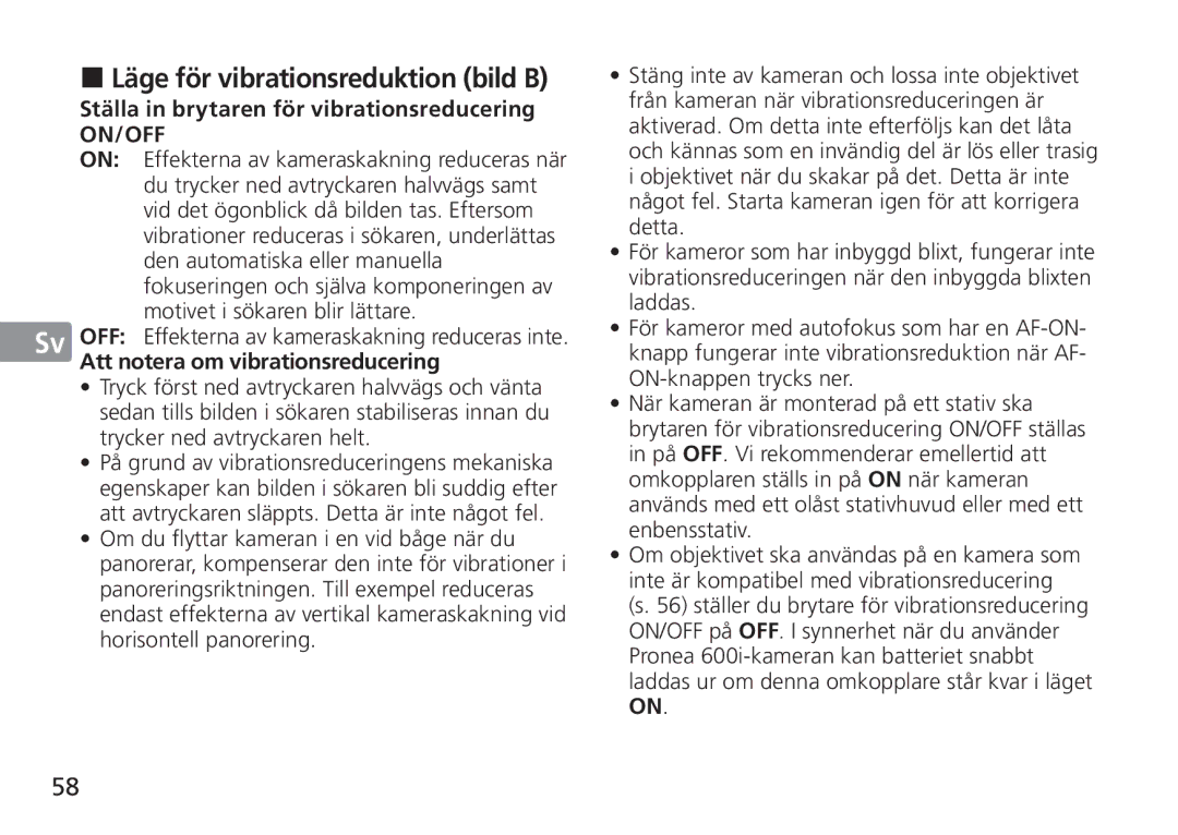 Nikon AF-S manual Läge för vibrationsreduktion bild B, Ställa in brytaren för vibrationsreducering 