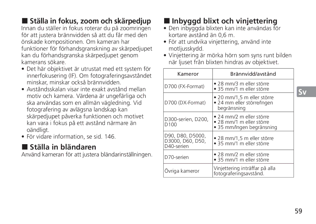 Nikon AF-S manual Ställa in fokus, zoom och skärpedjup, Ställa in bländaren, Inbyggd blixt och vinjettering 