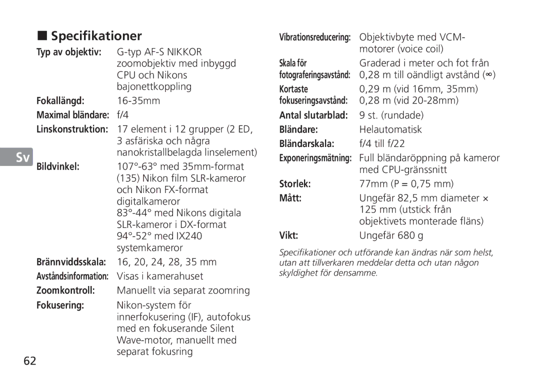 Nikon AF-S manual Specifikationer 