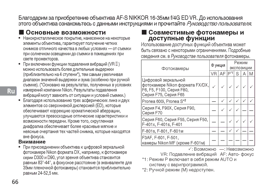 Nikon AF-S Основные возможности, Совместимые фотокамеры и доступные функции, Внимание, Фотокамеры, Цифровой зеркальной 