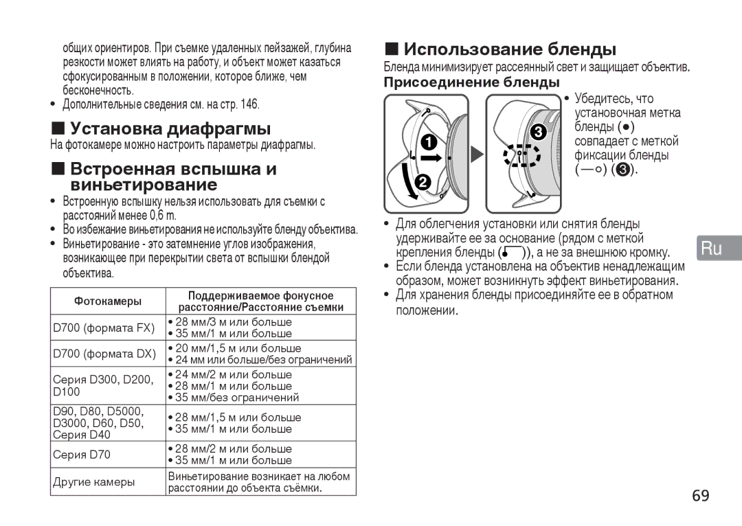 Nikon AF-S manual Использование бленды, Установка диафрагмы, Встроенная вспышка и, Виньетирование, Присоединение бленды 