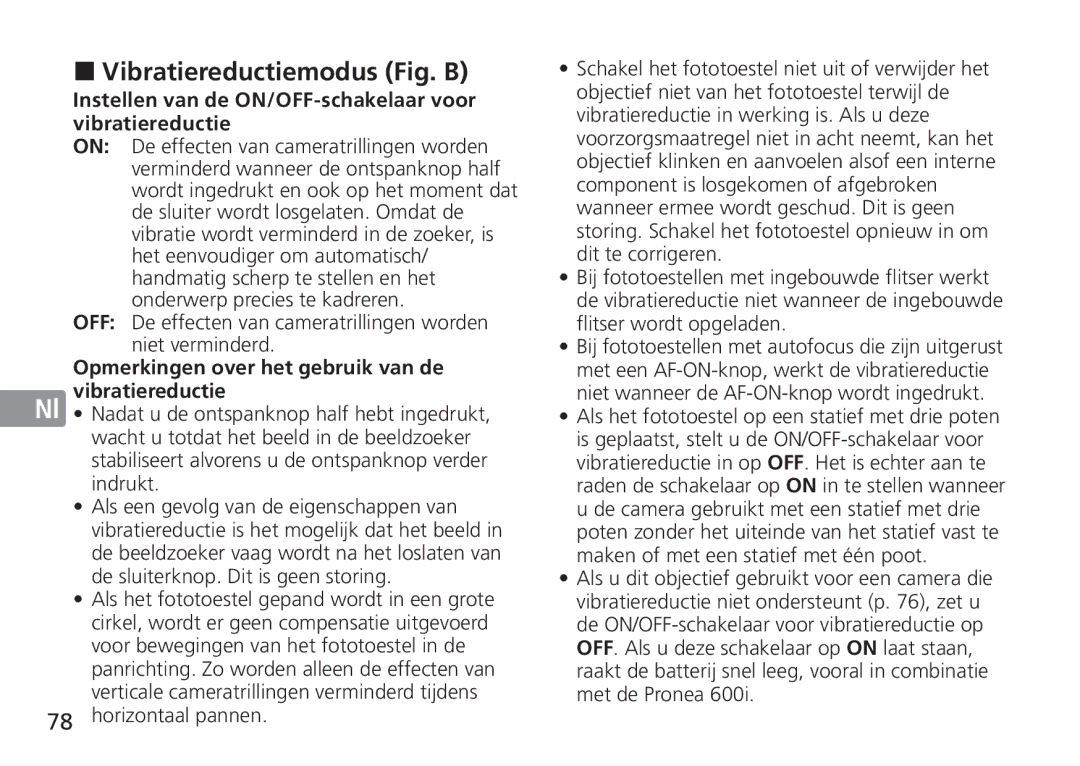 Nikon AF-S manual Vibratiereductiemodus Fig. B, Instellen van de ON/OFF-schakelaar voor, En vibratiereductie 