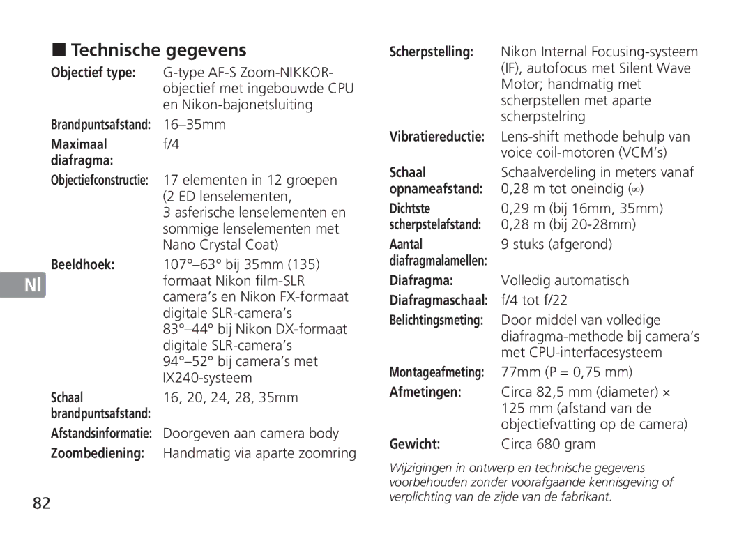 Nikon AF-S manual Technische gegevens 