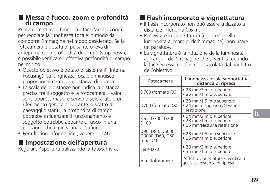 Nikon AF-S manual Messa a fuoco, zoom e profondità di campo, Impostazione dell’apertura, Flash incorporato e vignettatura 