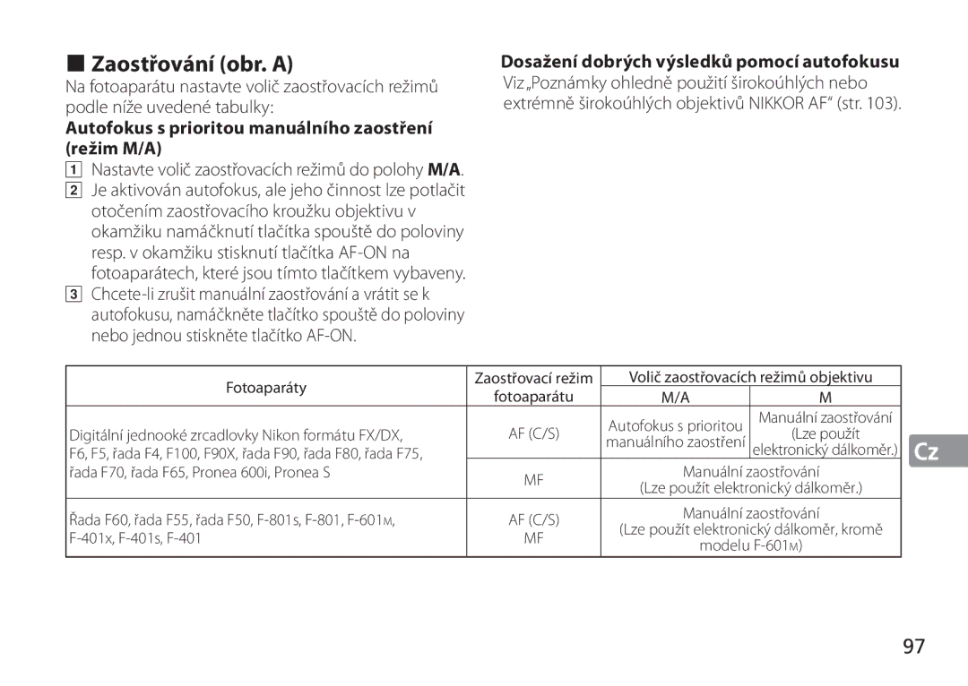 Nikon AF-S manual Zaostřování obr. a, Autofokus s prioritou manuálního zaostření režim M/A 