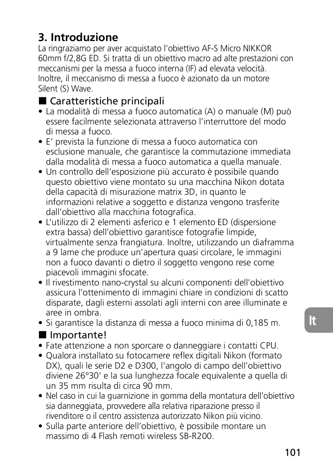 Nikon AF-S user manual Introduzione, Caratteristiche principali, Importante, 101 