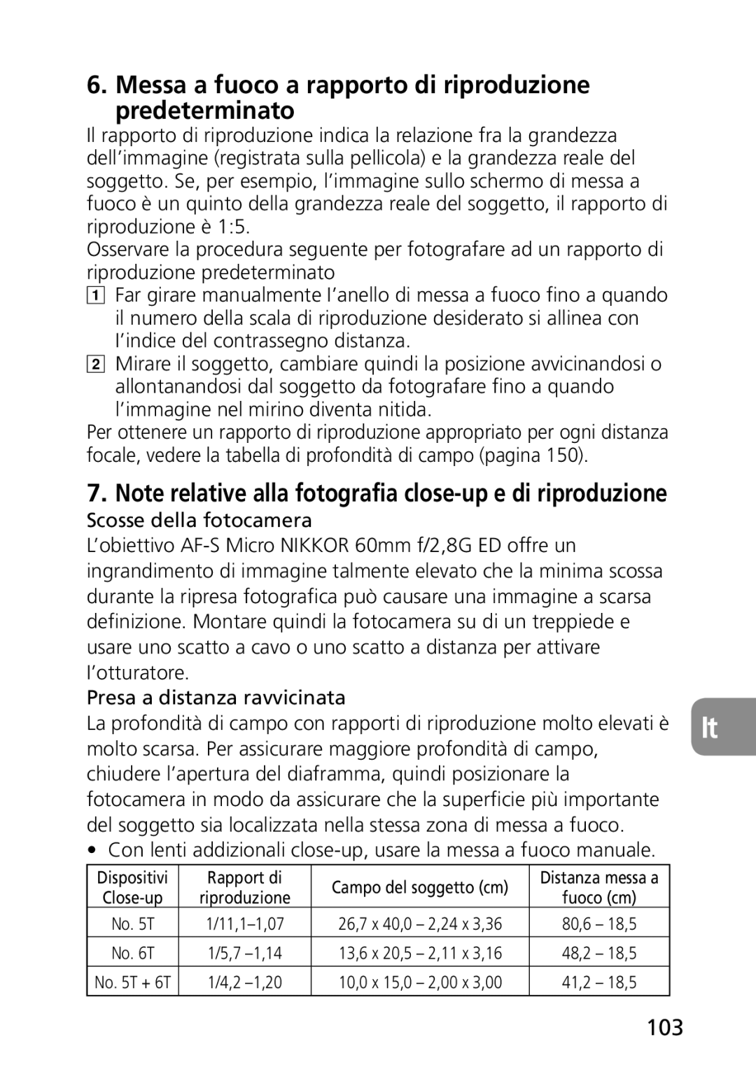 Nikon AF-S user manual Messa a fuoco a rapporto di riproduzione predeterminato, 103, Rapport di 