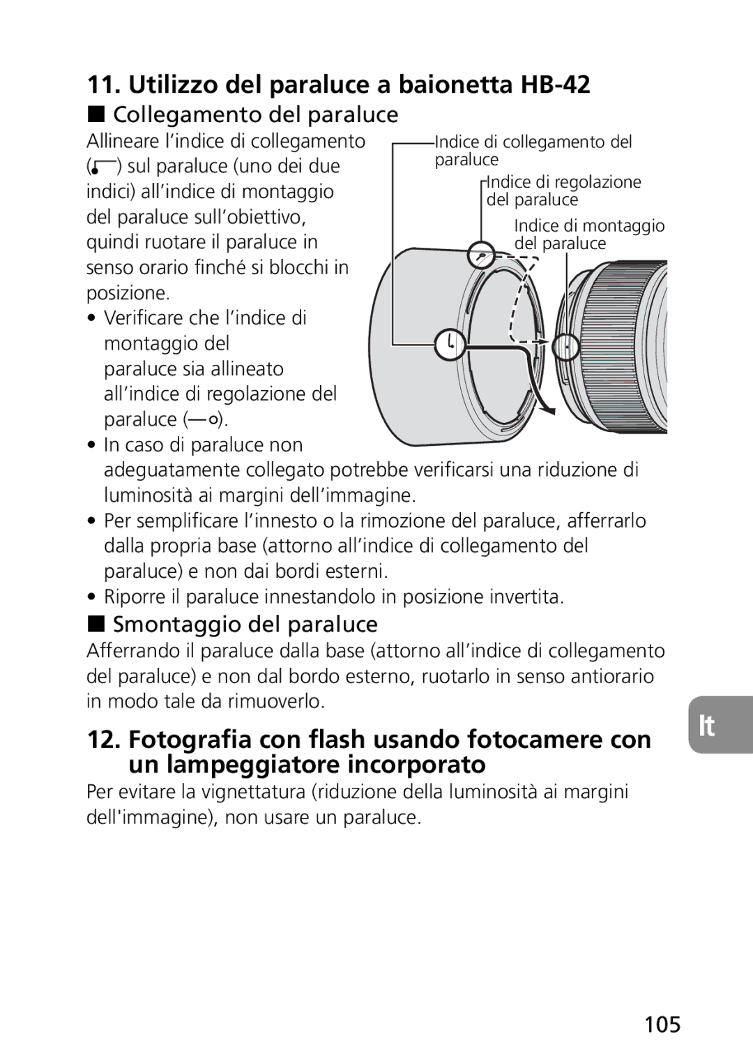 Nikon AF-S user manual Utilizzo del paraluce a baionetta HB-42, Collegamento del paraluce, Smontaggio del paraluce, 105 