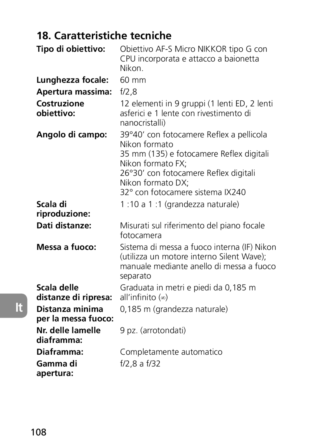 Nikon AF-S user manual Caratteristiche tecniche, 108 