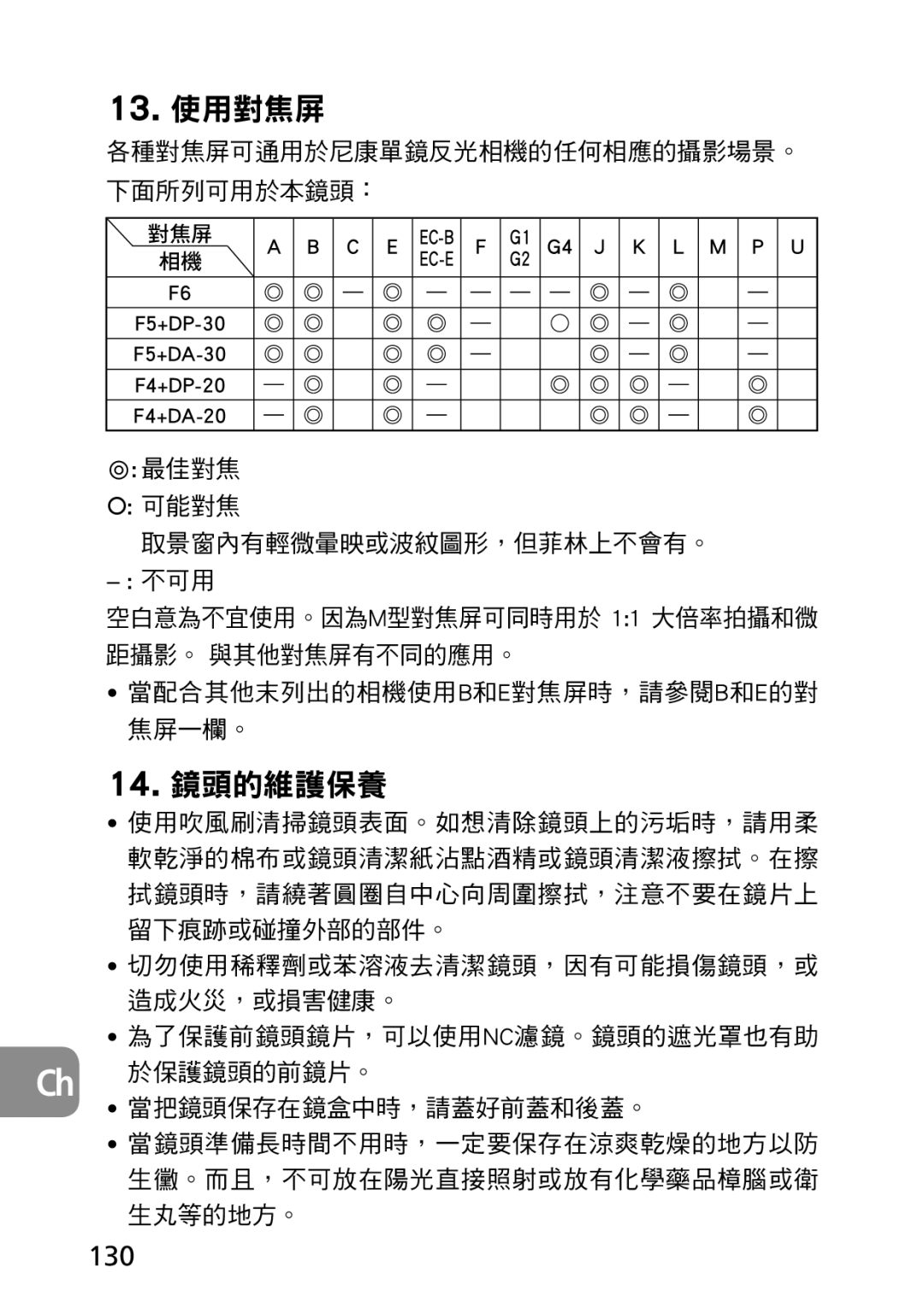 Nikon AF-S user manual 13. 使用對焦屏, 130 