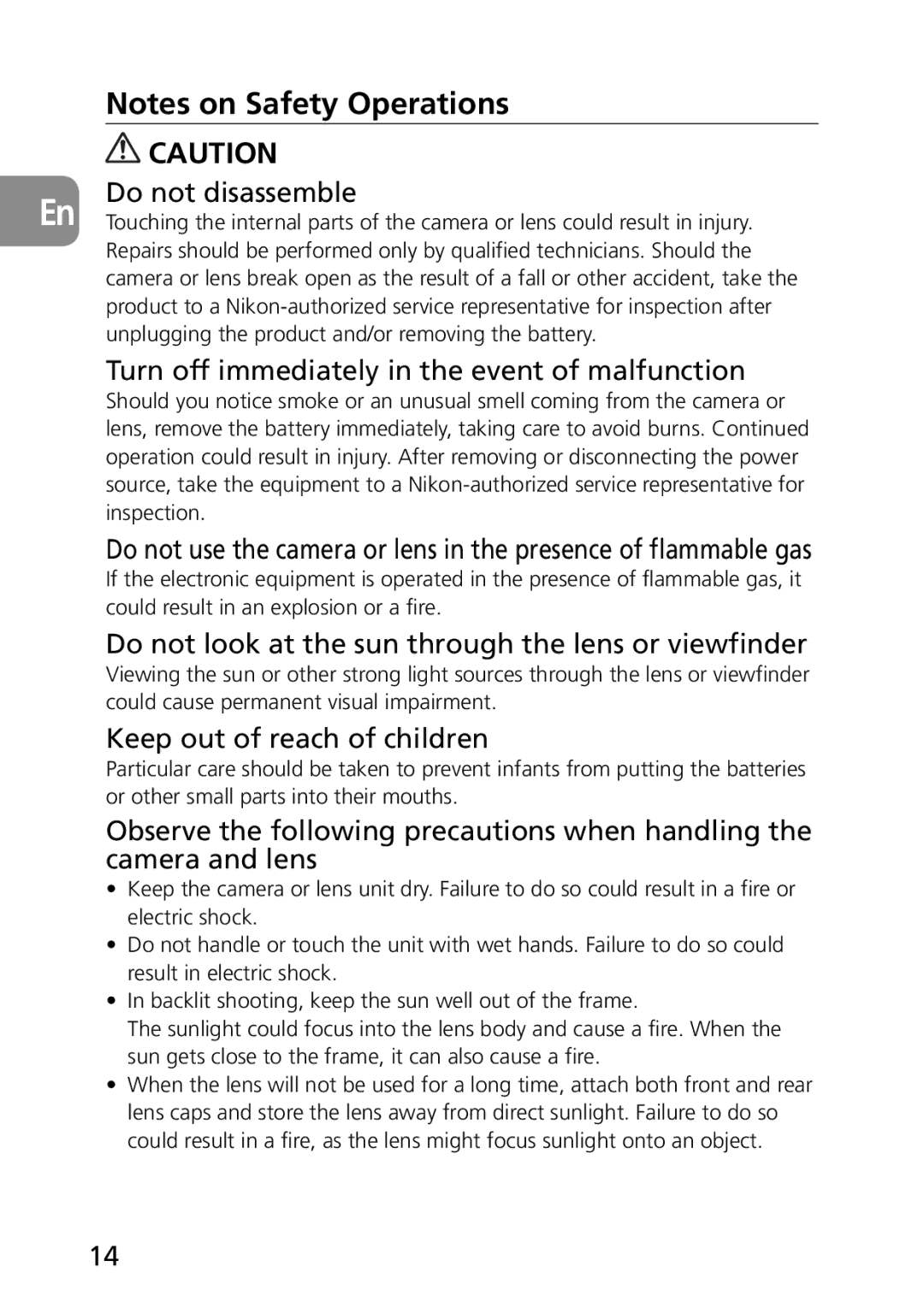 Nikon AF-S user manual Do not disassemble, Turn off immediately in the event of malfunction, Keep out of reach of children 
