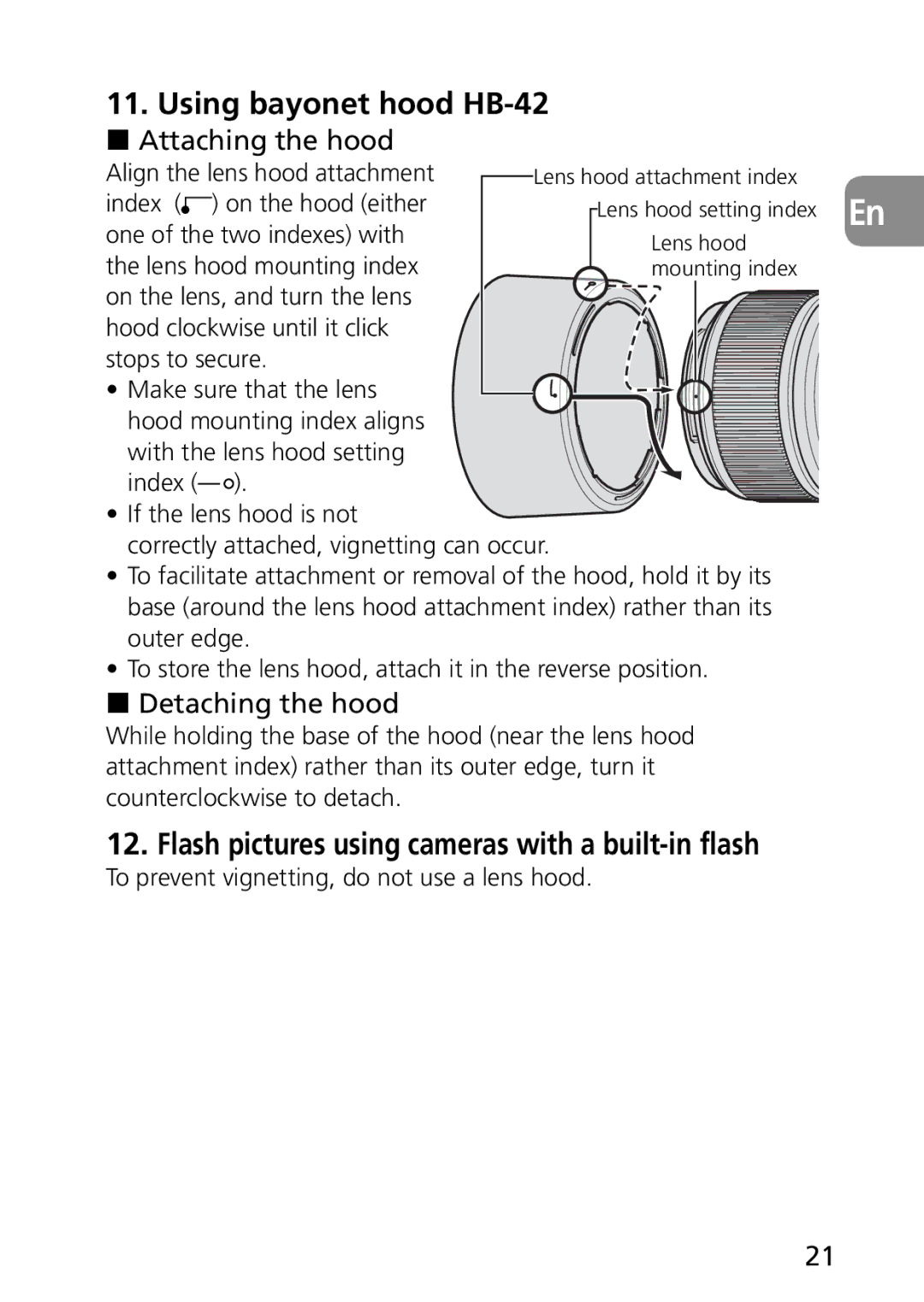 Nikon AF-S user manual Using bayonet hood HB-42, Flash pictures using cameras with a built-in flash, Attaching the hood 