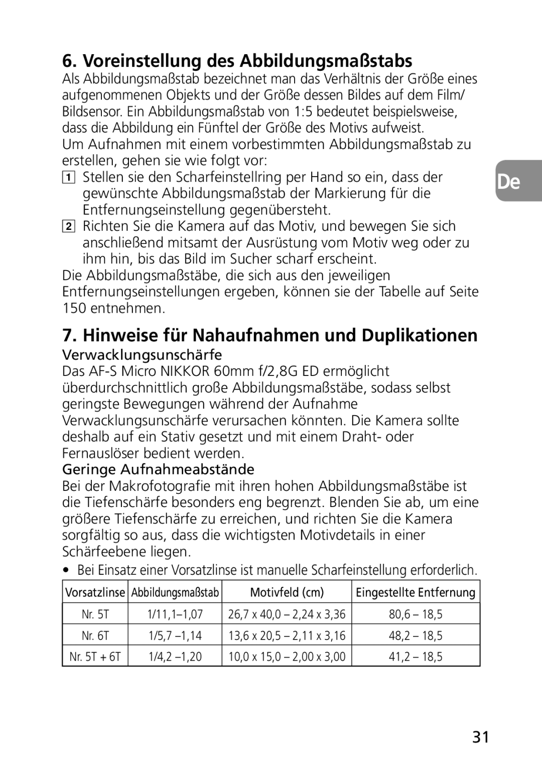 Nikon AF-S Voreinstellung des Abbildungsmaßstabs, Hinweise für Nahaufnahmen und Duplikationen, 80,6 18,5, 48,2 18,5 