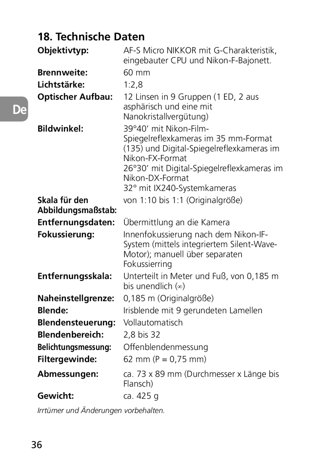 Nikon AF-S user manual Technische Daten 