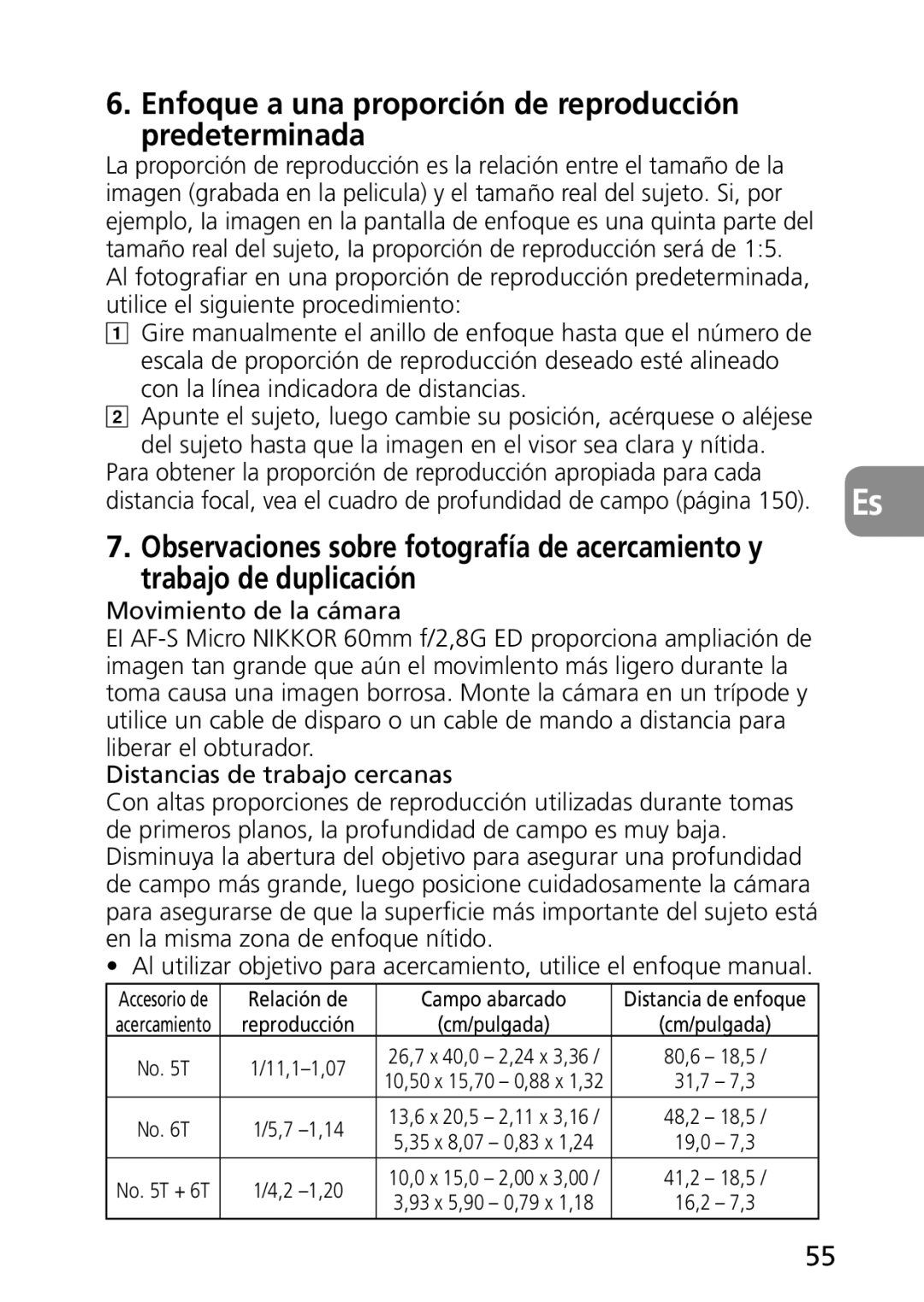 Nikon AF-S user manual Enfoque a una proporción de reproducción predeterminada, Relación de Campo abarcado 