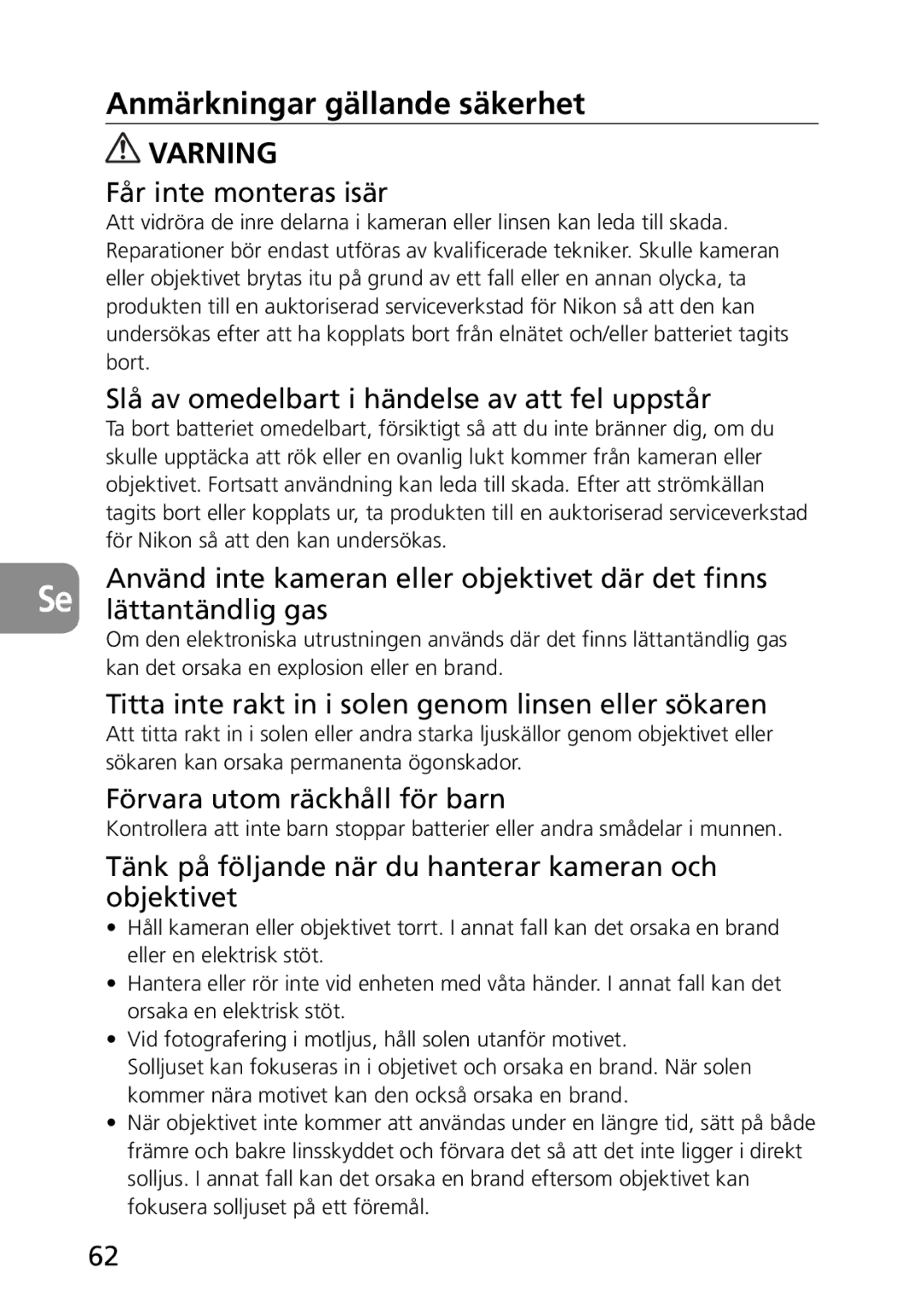 Nikon AF-S user manual Anmärkningar gällande säkerhet 