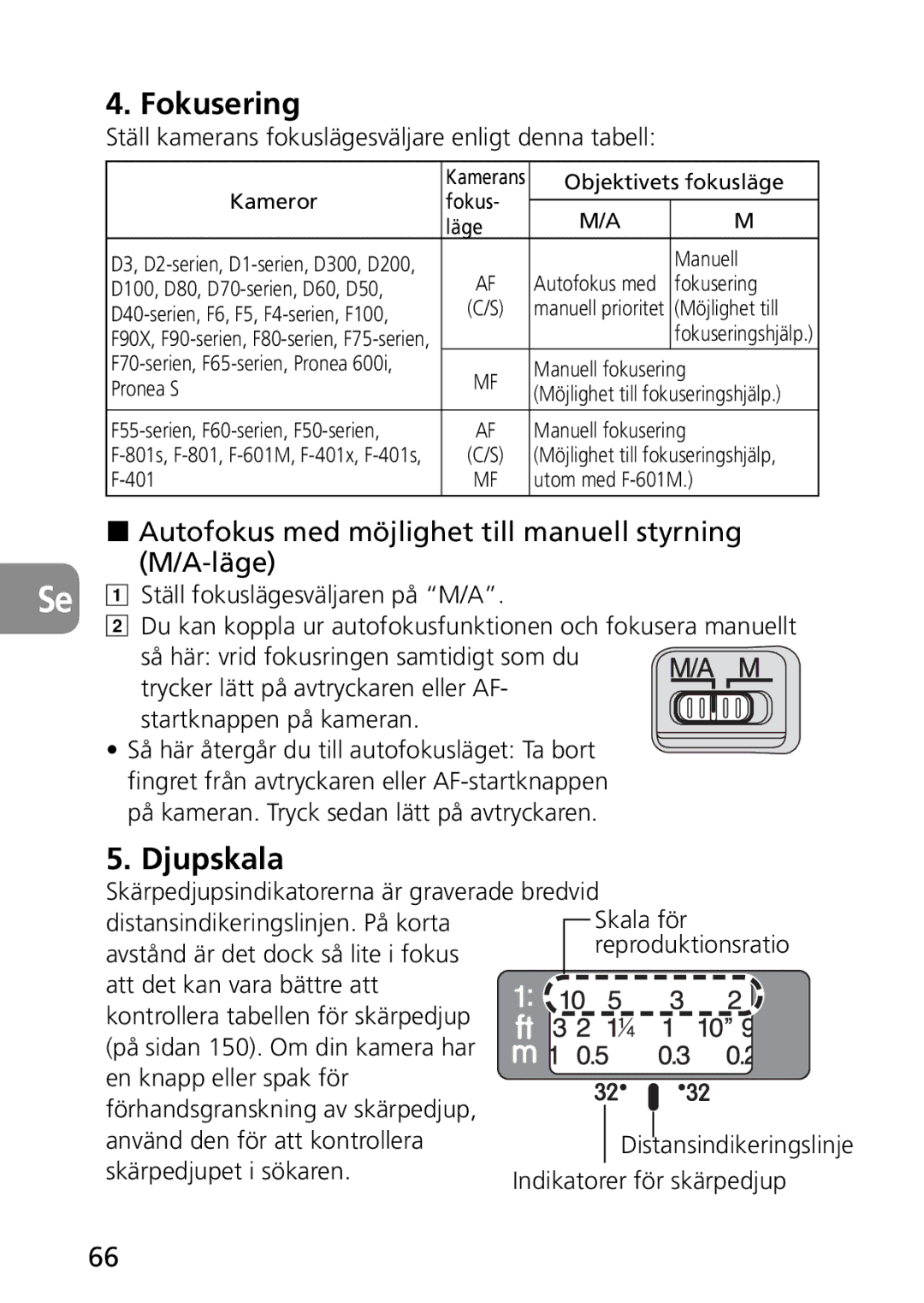 Nikon AF-S user manual Fokusering, Djupskala, Autofokus med möjlighet till manuell styrning M/A-läge 