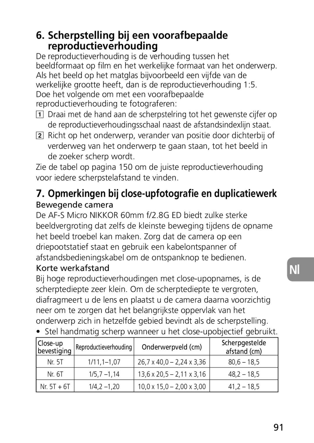 Nikon AF-S user manual Close-up, Onderwerpveld cm Scherpgestelde 