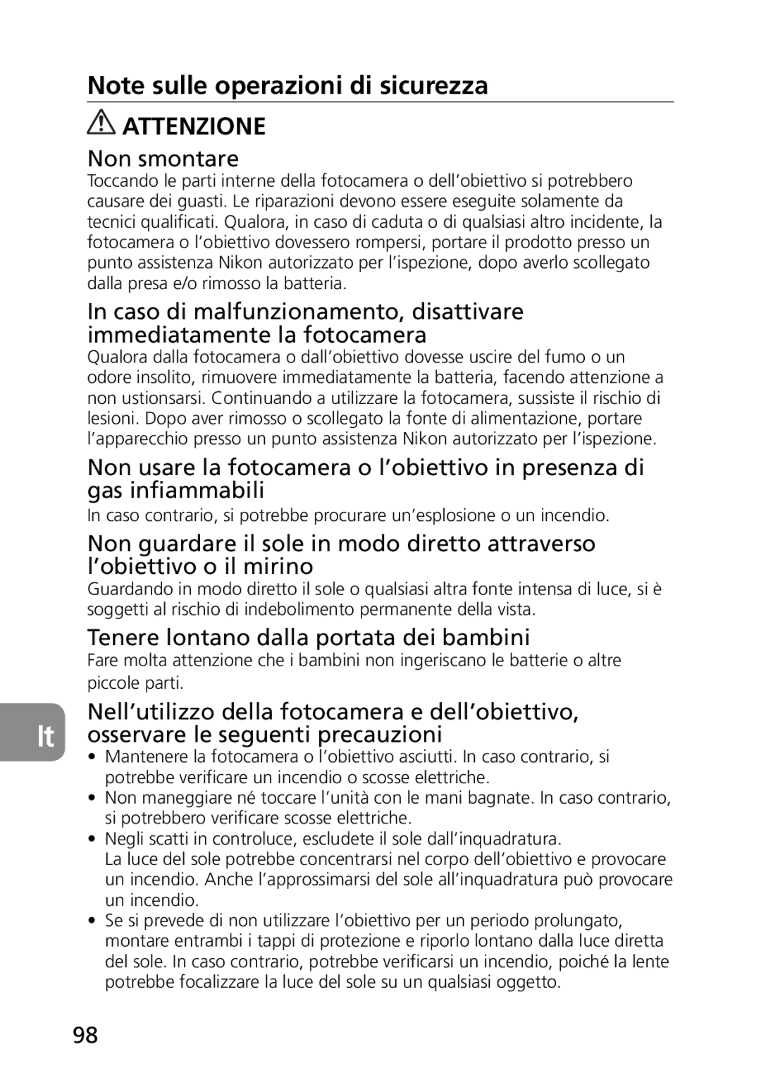 Nikon AF-S user manual Non smontare, Tenere lontano dalla portata dei bambini 