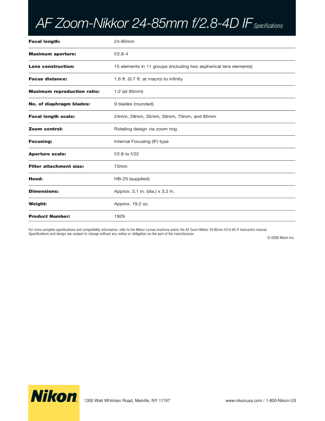 Nikon manual AF Zoom-Nikkor 24-85mm f/2.8-4D IFSpecifications 