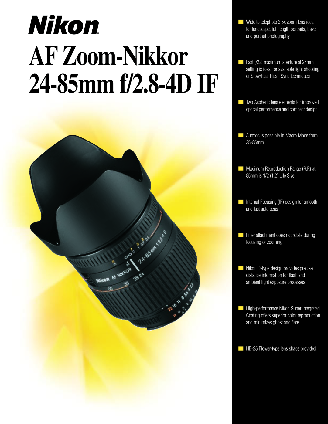 Nikon AF Zoom-Nikkor manual 24-85mm f/2.8-4D IF, Autofocus possible in Macro Mode from 35-85mm 
