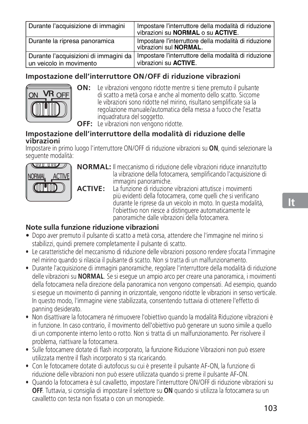 Nikon ASF200, AFS70 manual 103, OFF Le vibrazioni non vengono ridotte 