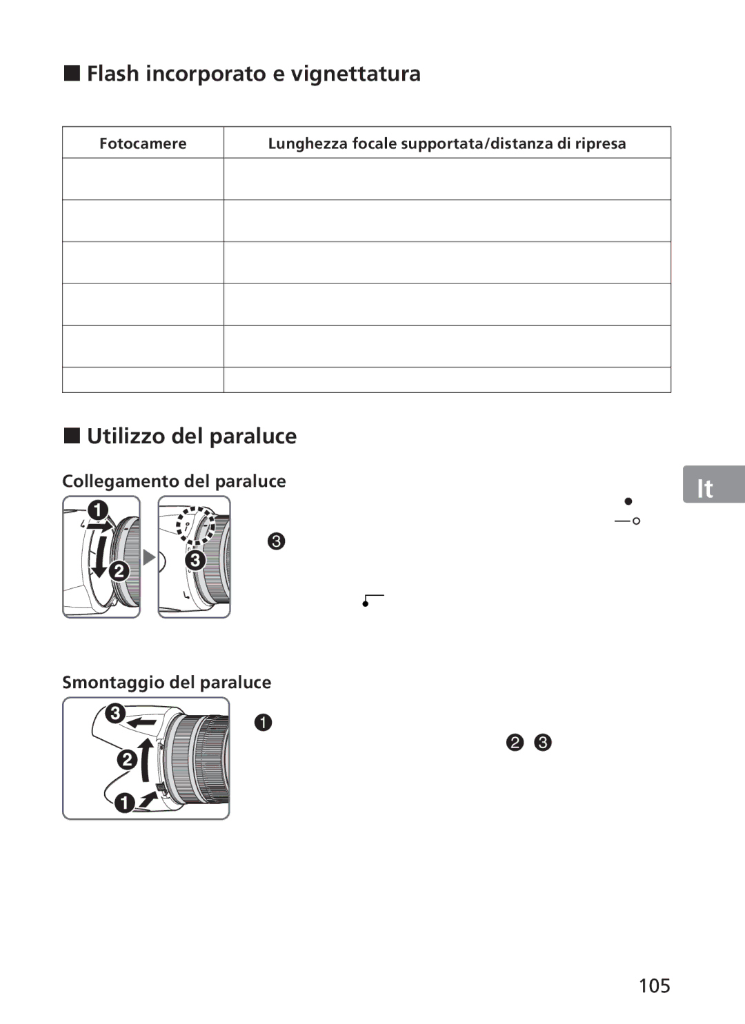 Nikon ASF200, AFS70 manual „ Flash incorporato e vignettatura, „ Utilizzo del paraluce, 105, Collegamento del paraluce 