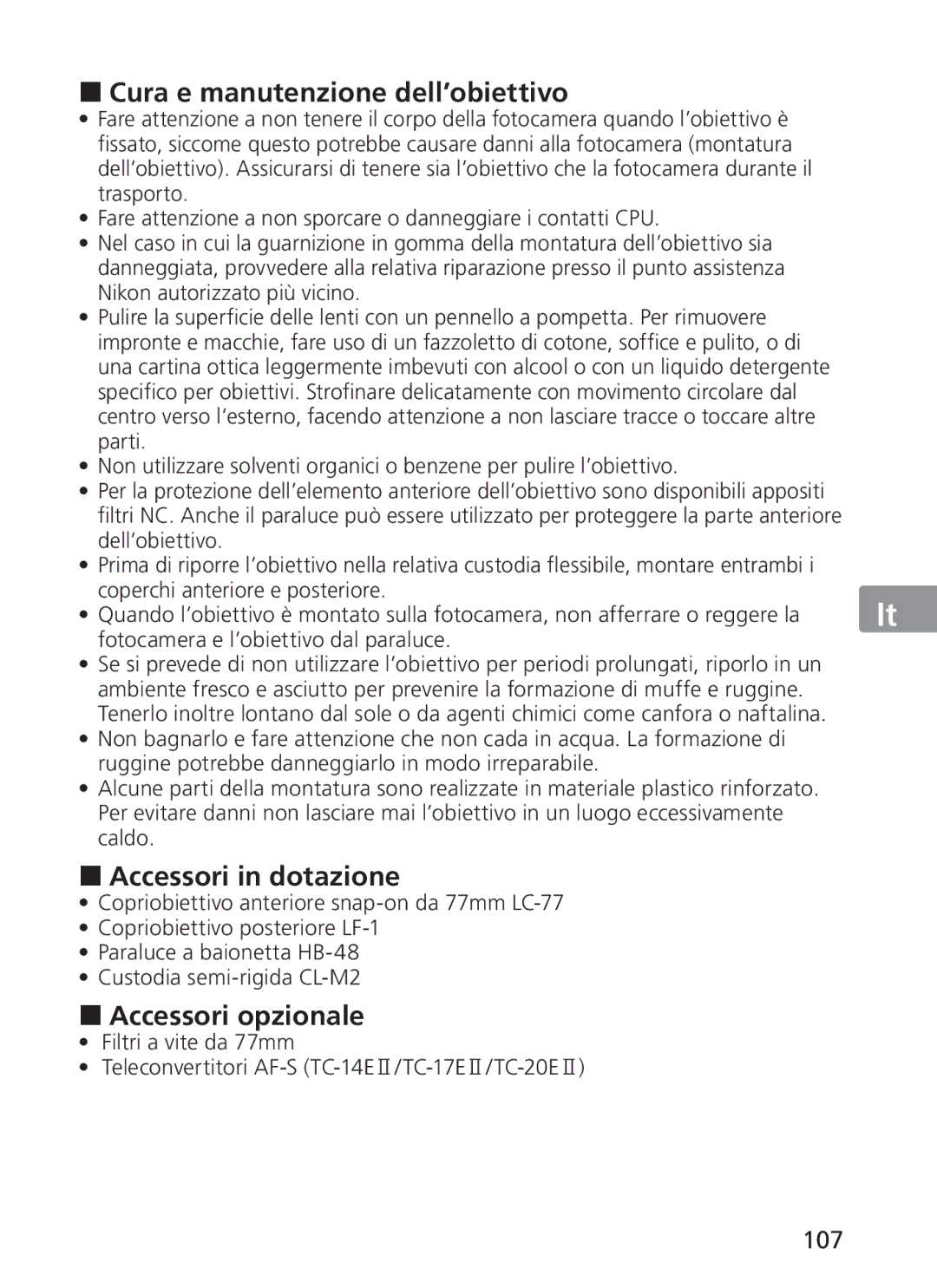 Nikon ASF200, AFS70 manual „ Cura e manutenzione dell’obiettivo, „ Accessori in dotazione, „ Accessori opzionale, 107 