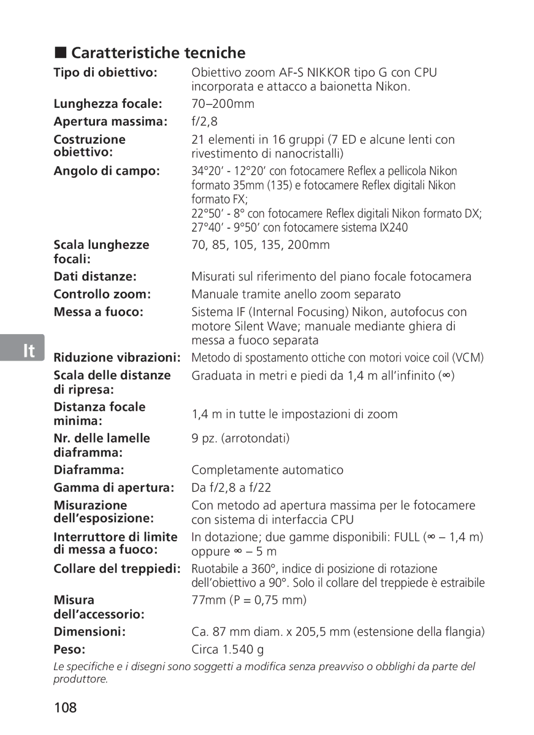 Nikon AFS70, ASF200 manual „ Caratteristiche tecniche, 108 