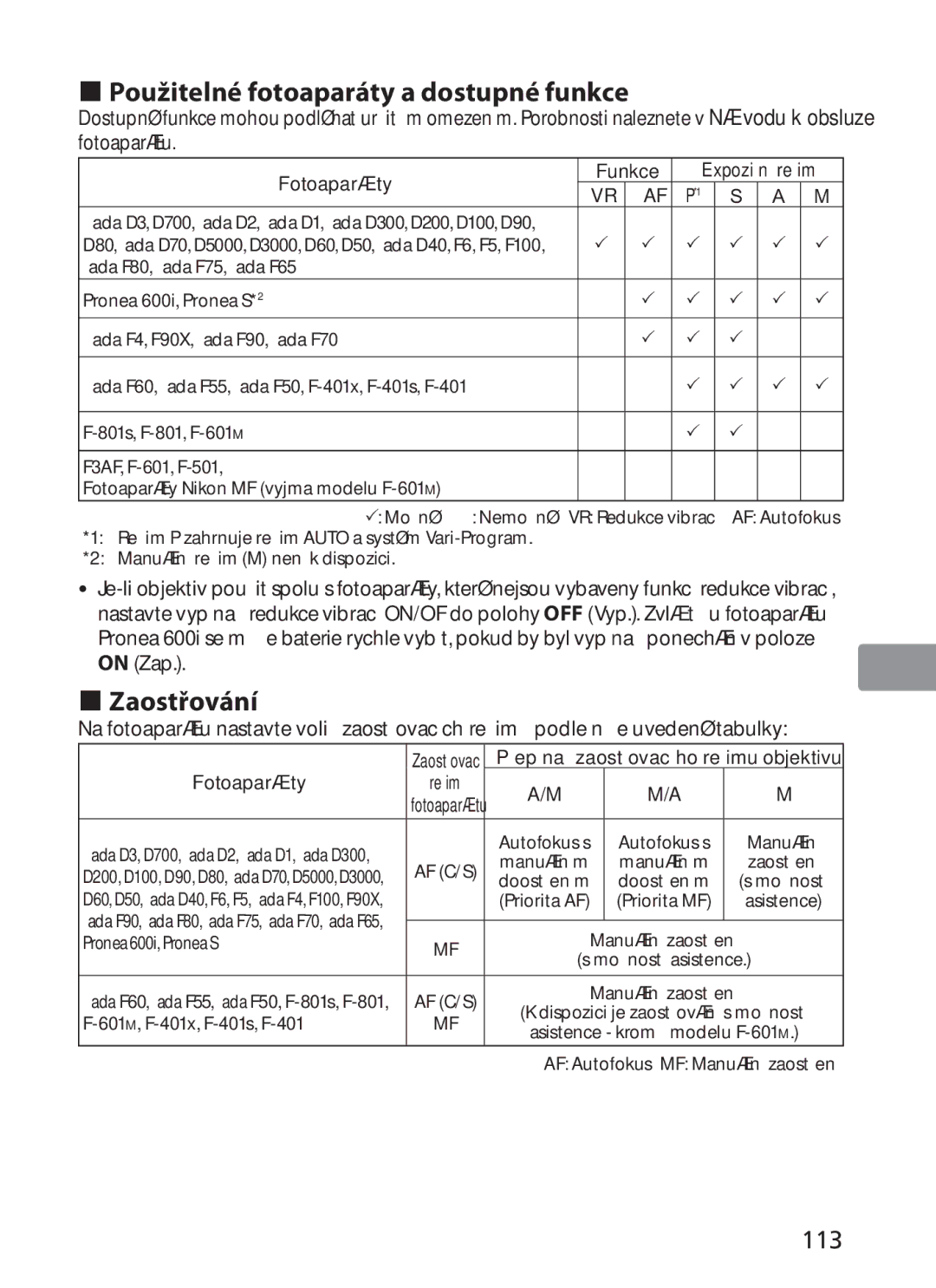 Nikon ASF200, AFS70 manual „ Použitelné fotoaparáty a dostupné funkce, „ Zaostřování, 113 