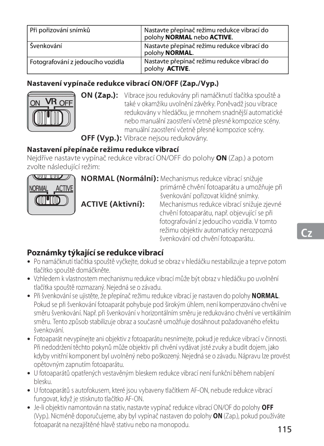 Nikon ASF200, AFS70 manual 115, Nastavení vypínače redukce vibrací ON/OFF Zap./Vyp, OFF Vyp. Vibrace nejsou redukovány 