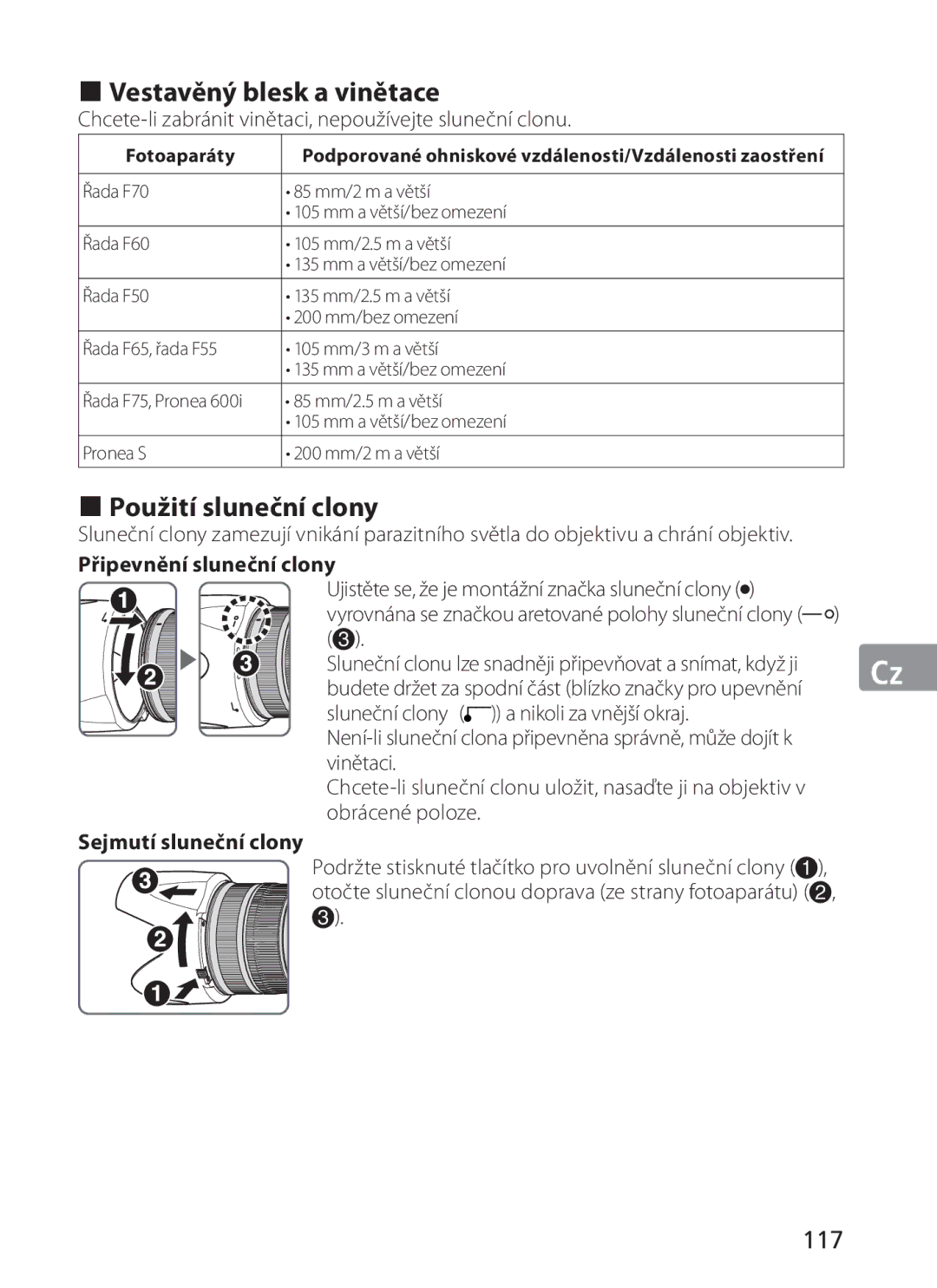 Nikon ASF200, AFS70 manual „ Vestavěný blesk a vinětace, „ Použití sluneční clony, 117, Připevnění sluneční clony 