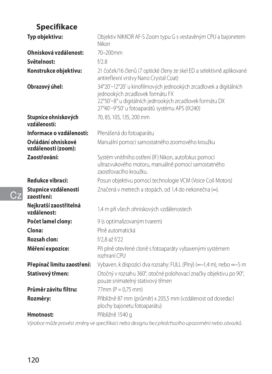 Nikon AFS70, ASF200 manual „ Specifikace, 120 