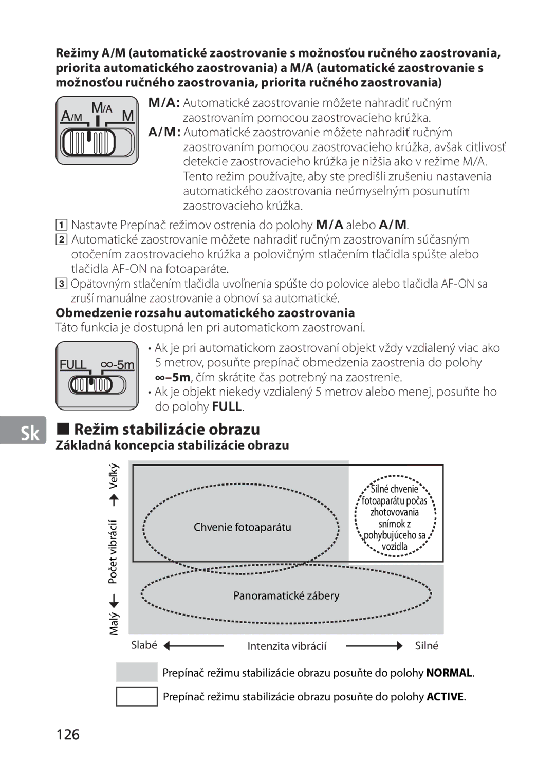 Nikon AFS70, ASF200 manual „ Režim stabilizácie obrazu, 126, Obmedzenie rozsahu automatického zaostrovania 