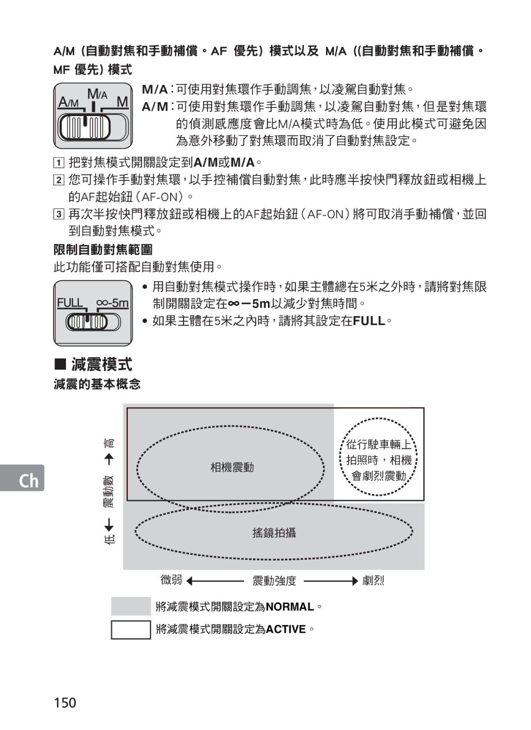 Nikon AFS70, ASF200 manual 150, ：可使用對焦環作手動調焦，以凌駕自動對焦。, 把對焦模式開關設定到a/M或m/A。 