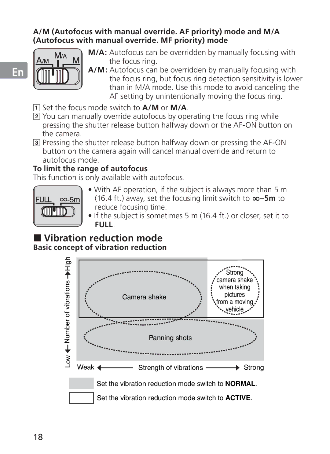 Nikon AFS70, ASF200 manual „ Vibration reduction mode, To limit the range of autofocus, Basic concept of vibration reduction 