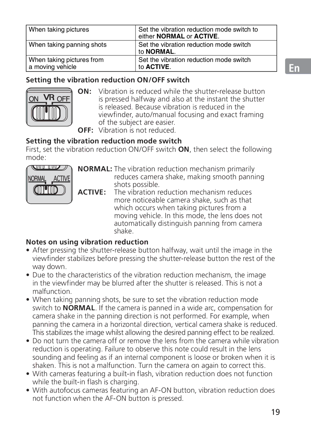 Nikon ASF200, AFS70 manual Setting the vibration reduction ON/OFF switch, Setting the vibration reduction mode switch 