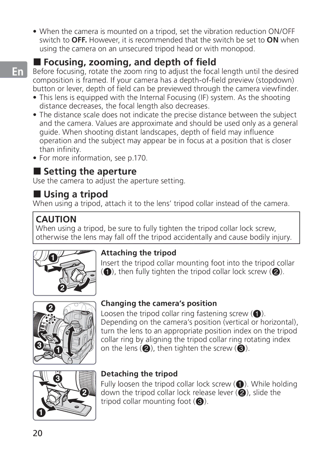 Nikon AFS70, ASF200 manual „ Focusing, zooming, and depth of field, „ Setting the aperture, „ Using a tripod 