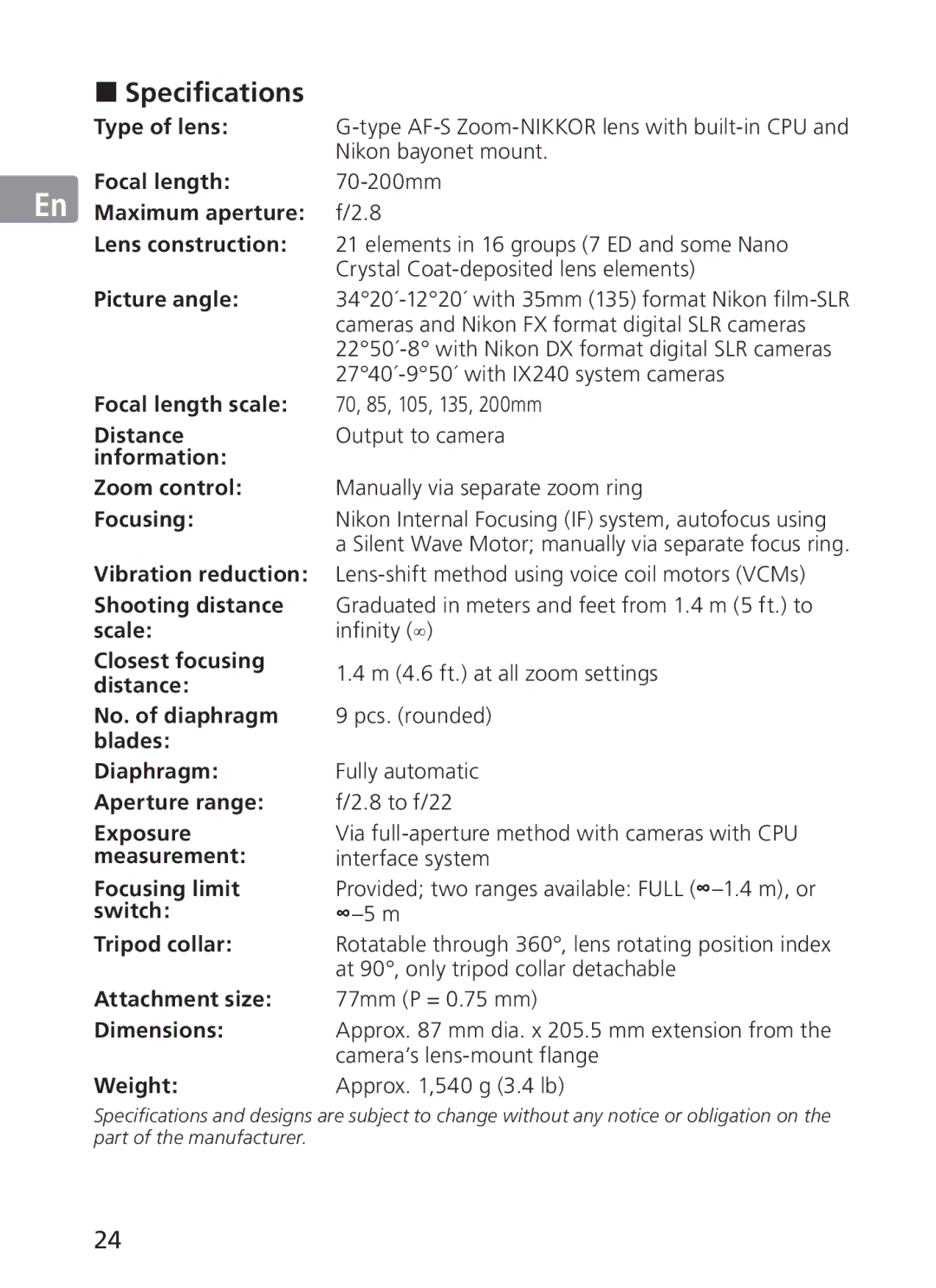 Nikon AFS70, ASF200 manual „ Specifications 