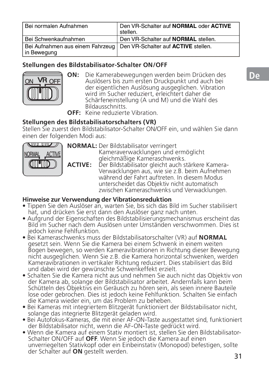 Nikon ASF200, AFS70 manual Stellungen des Bildstabilisator-Schalter ON/OFF, Stellungen des Bildstabilisatorschalters VR 