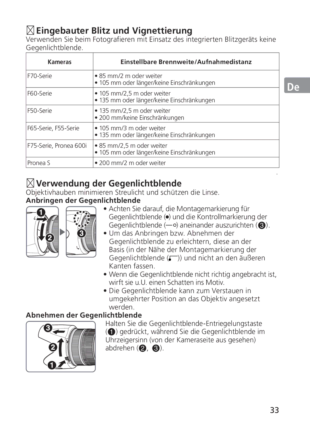 Nikon ASF200 „ Eingebauter Blitz und Vignettierung, „ Verwendung der Gegenlichtblende, Anbringen der Gegenlichtblende 