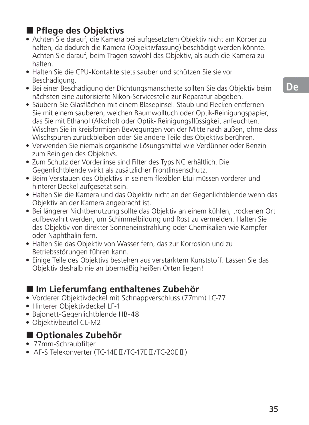 Nikon ASF200, AFS70 manual „ Pflege des Objektivs, „ Im Lieferumfang enthaltenes Zubehör, „ Optionales Zubehör 