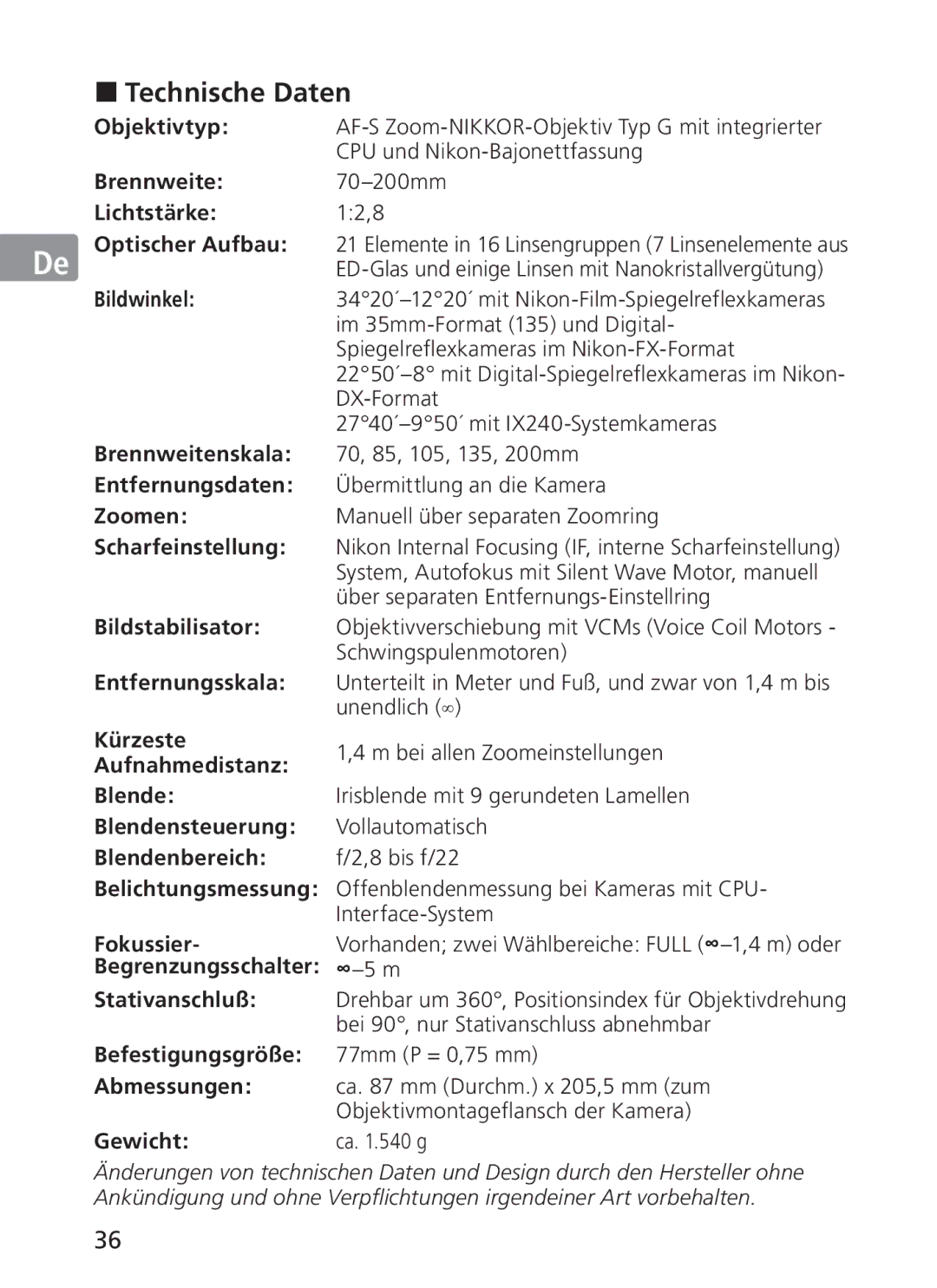 Nikon AFS70, ASF200 manual „ Technische Daten 