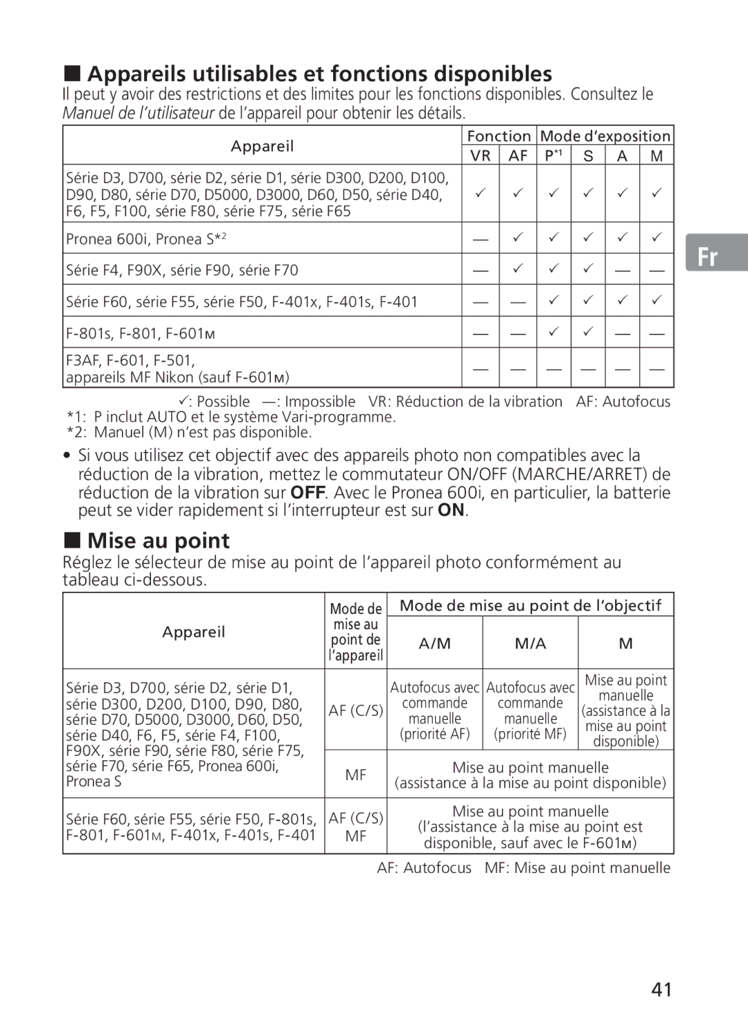 Nikon ASF200, AFS70 manual „ Appareils utilisables et fonctions disponibles, „ Mise au point 