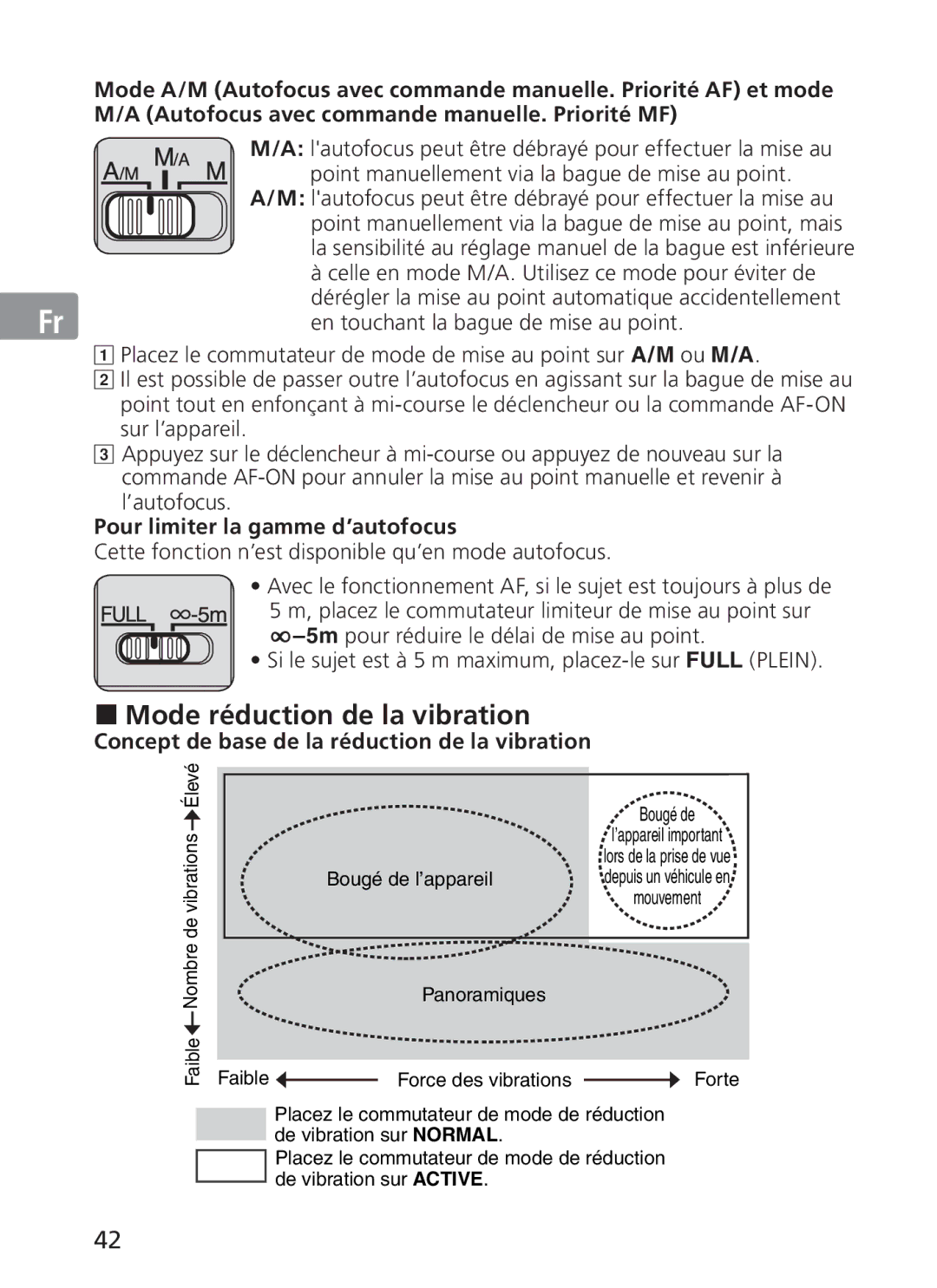 Nikon AFS70, ASF200 manual „ Mode réduction de la vibration, Pour limiter la gamme d’autofocus 