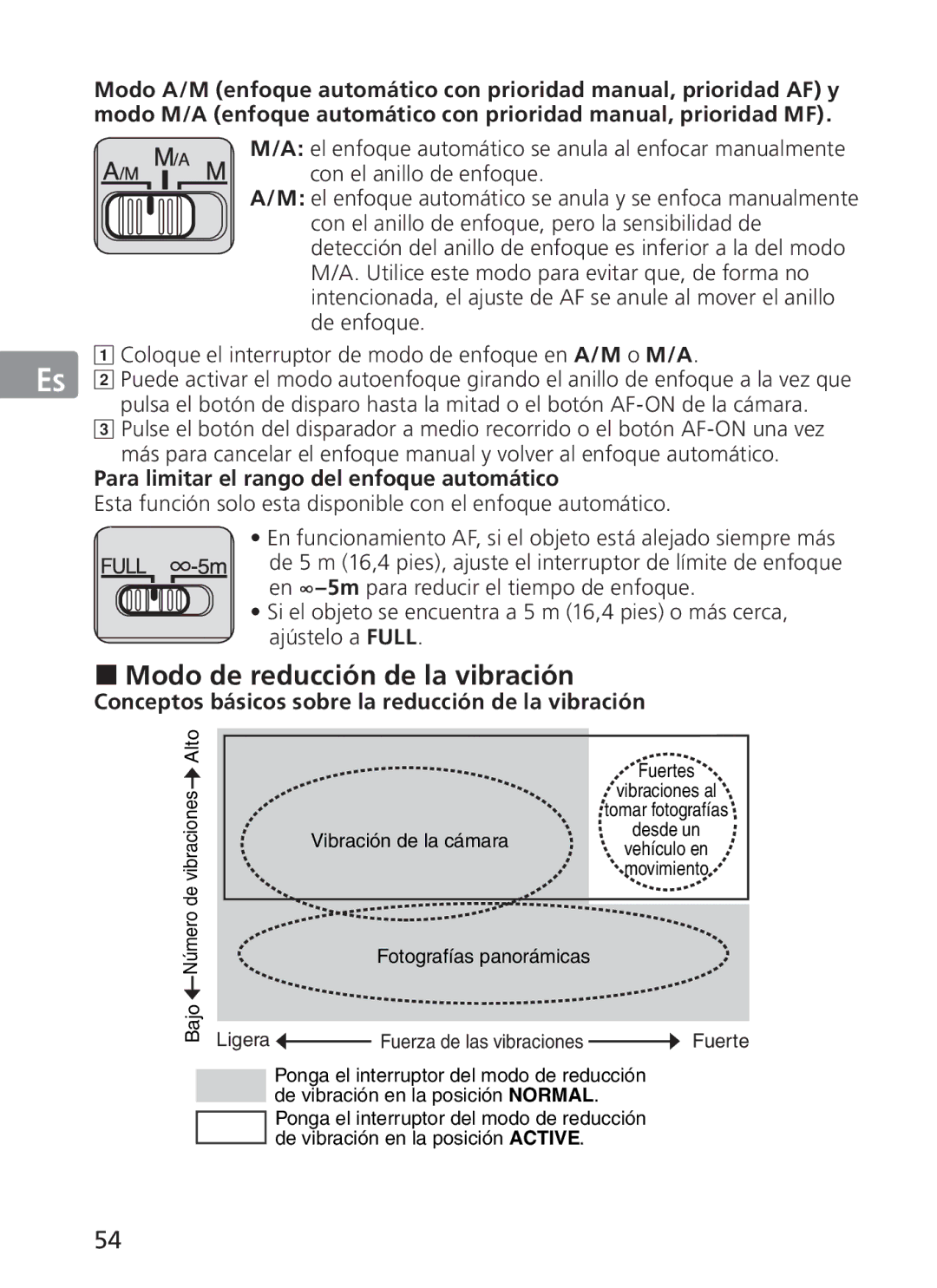 Nikon AFS70, ASF200 manual „ Modo de reducción de la vibración, Para limitar el rango del enfoque automático 