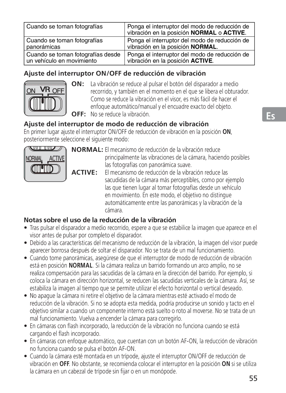 Nikon ASF200, AFS70 manual Ajuste del interruptor ON/OFF de reducción de vibración, OFF No se reduce la vibración 